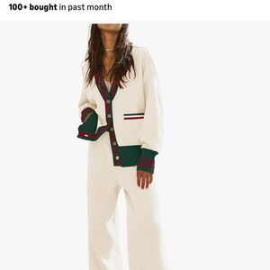 Stylish Cream Cardigan and Pants Set with Green and Red Stripes - Size Medium
